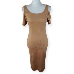 LAC BLUE CAMEL FAUX SUEDE BODYCON COLD SHOULDER MIDI DRESS SZ.S NWOT.